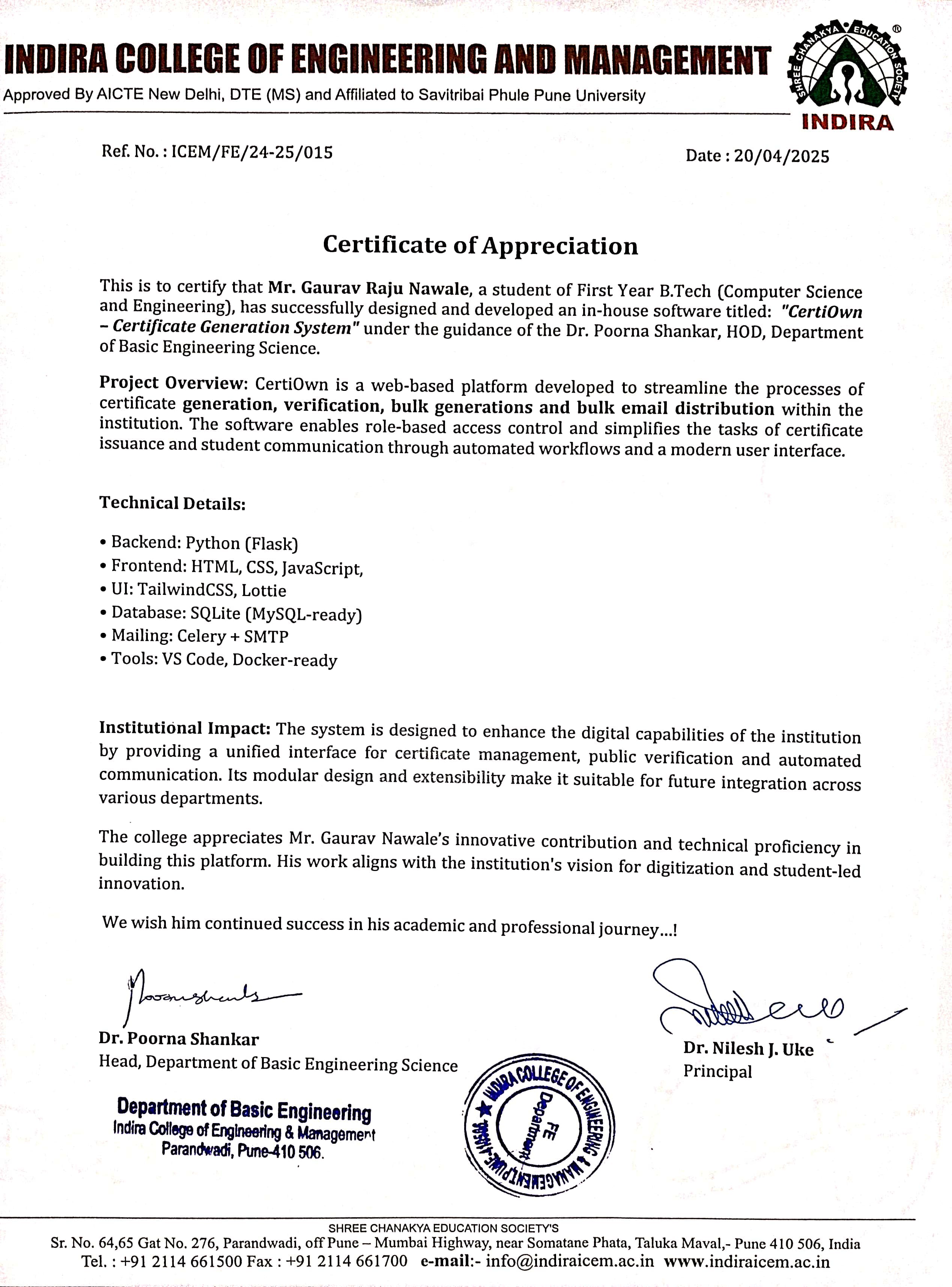 Certificate of Appreciation — CertiOwn System
