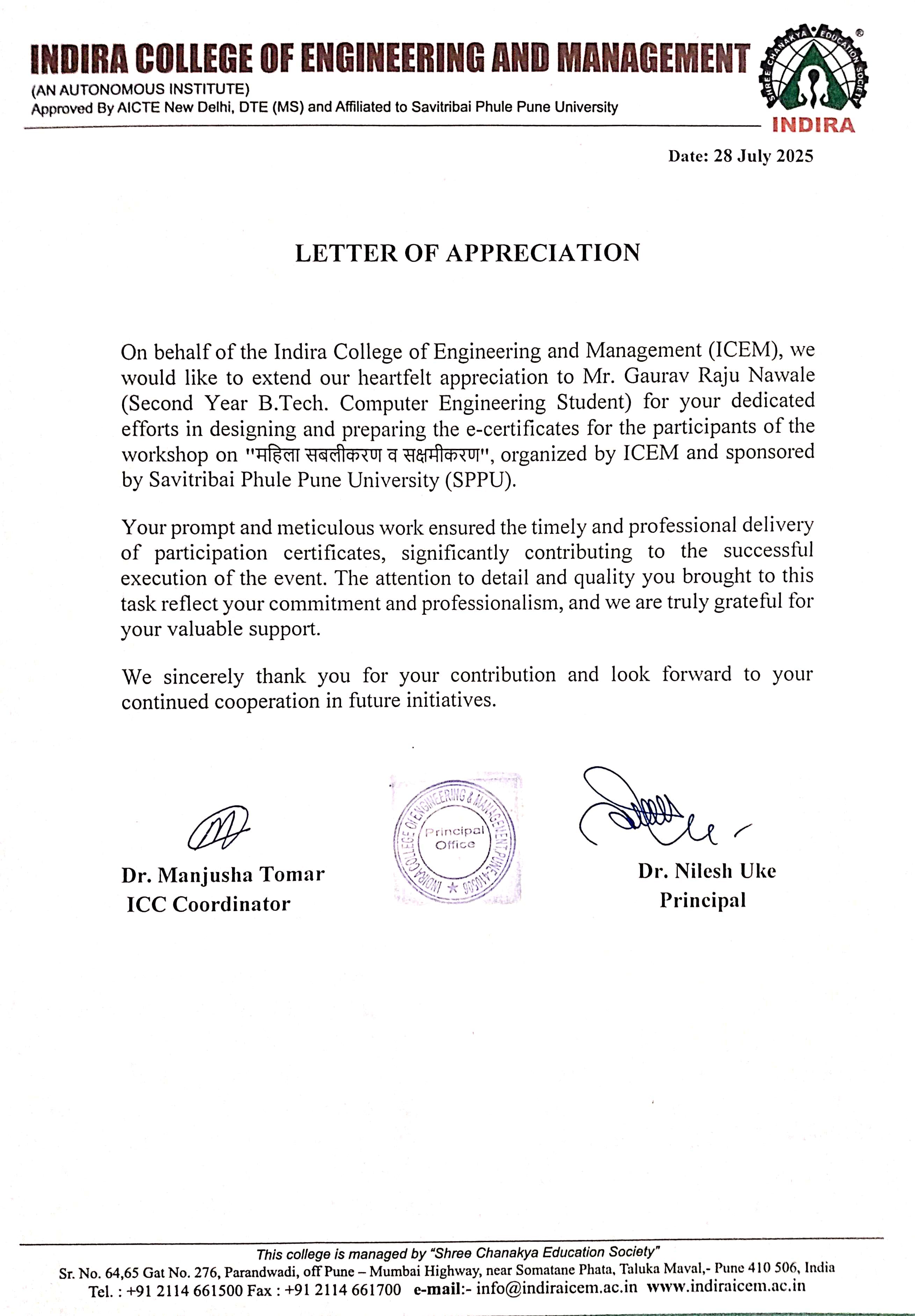 Letter of Appreciation — SPPU Workshop