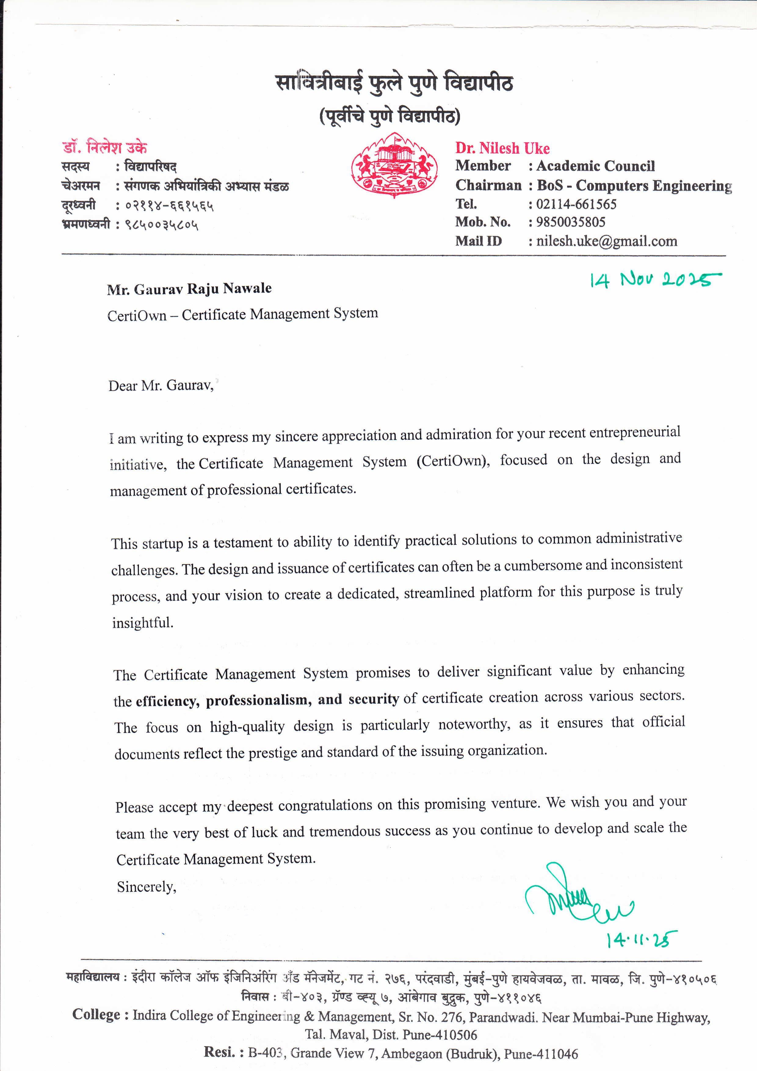 Letter of Appreciation — CertiOwn