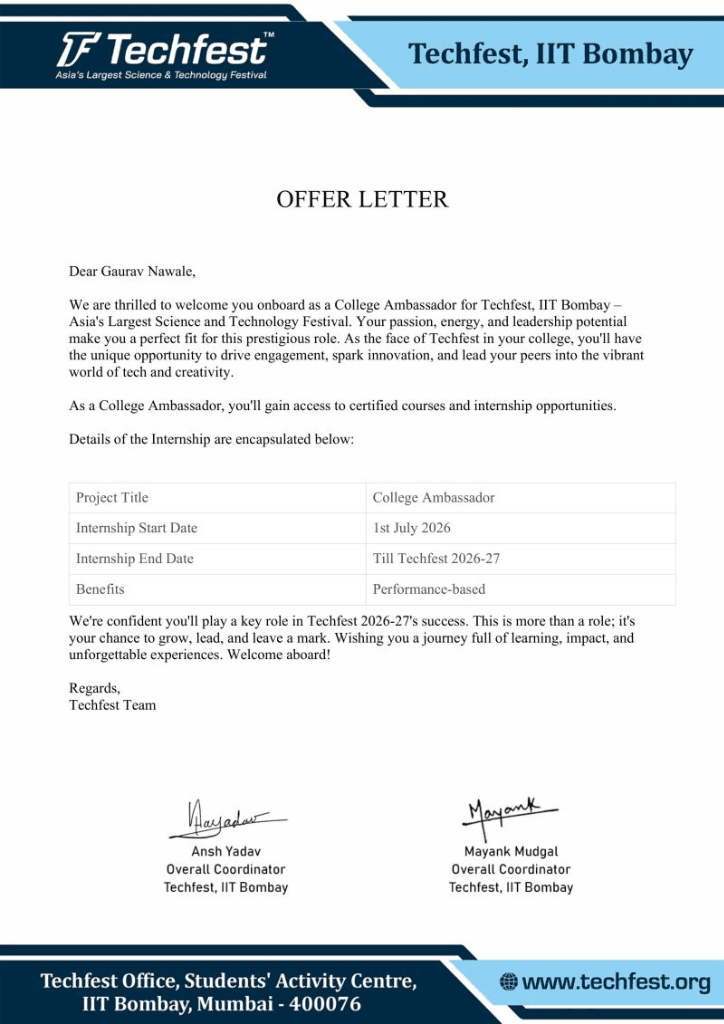 Techfest IIT Bombay Offer Letter